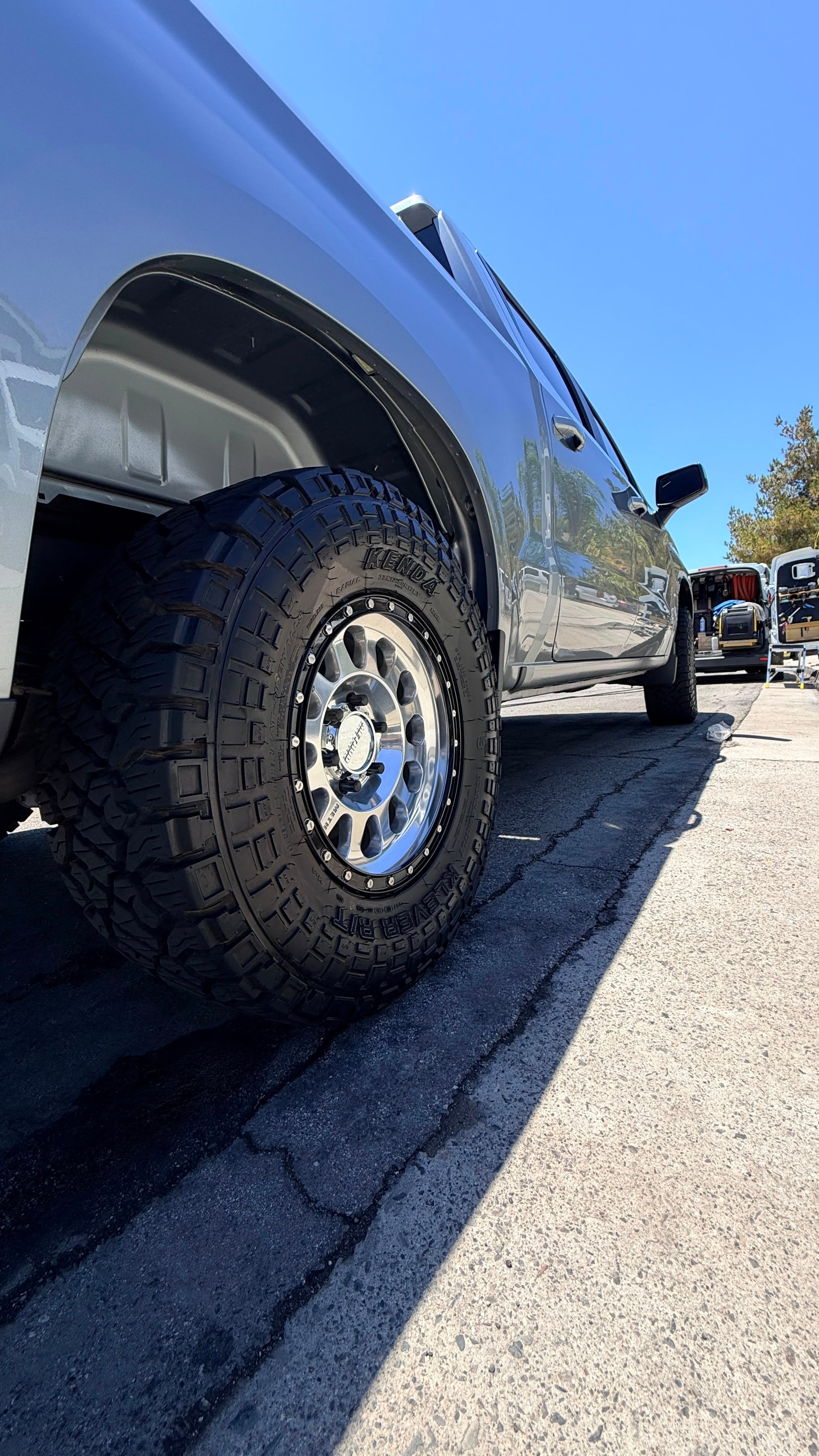 Wheel and tire detailing in Riverside & San Diego County, close-up of a cleaned truck wheel with dressed tire sidewall