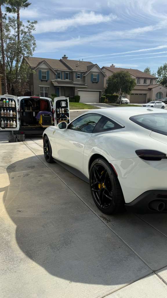 Mobile car detailing in Riverside & San Diego County — freshly detailed sports car beside the Royal Rinse mobile detailing van