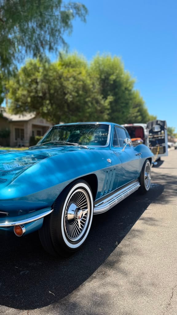 Classic car detailing in Riverside & San Diego County, classic sports coupe detailed on site beside the Royal Rinse mobile detailing rig