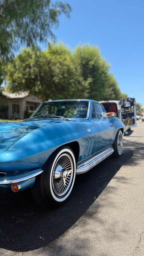 Classic car detailing in Riverside & San Diego County, classic sports coupe detailed on site beside the Royal Rinse mobile detailing rig